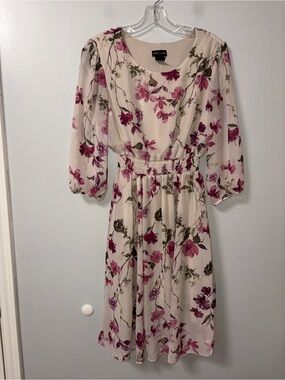 Kate & Lily Beige Floral Chiffon Dress Botanical Flowers Elbow Sleeves Boho 8
